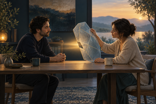 Two people talk as one lowers a translucent shield, representing defensiveness giving way to curiosity.