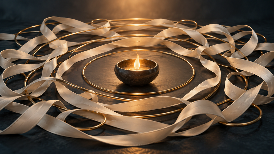 A steady flame surrounded by overlapping ribbons and brass rings, symbolizing calm focus amid many open demands