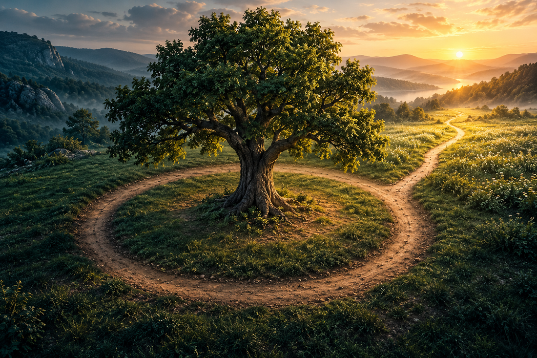 A worn circular path around a tree opens toward a sunlit meadow, symbolizing changing old habits