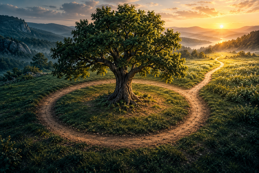 A worn circular path around a tree opens toward a sunlit meadow, symbolizing changing old habits