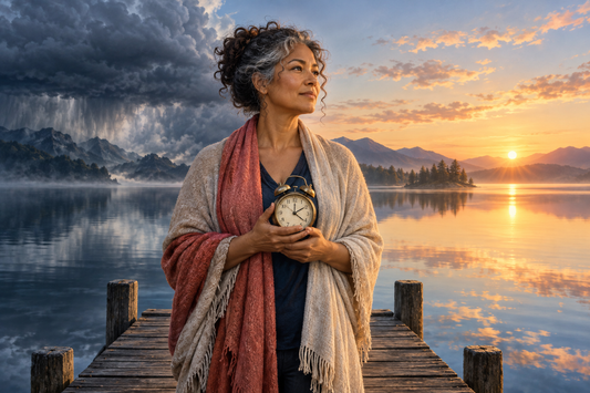 A woman holds a silent alarm clock between a receding storm and calm sunrise water, representing learning to trust peace after urgency.