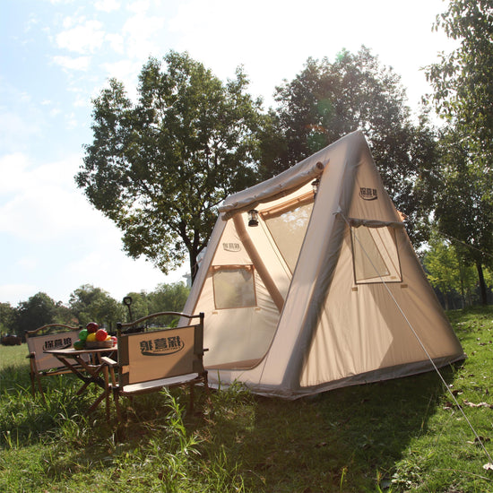2Person Triangle Inflatable Tent 4 Square Oxford Fabric Waterproof AllSeason Solid Color  Beige with PVC Frame Zippered Closure
